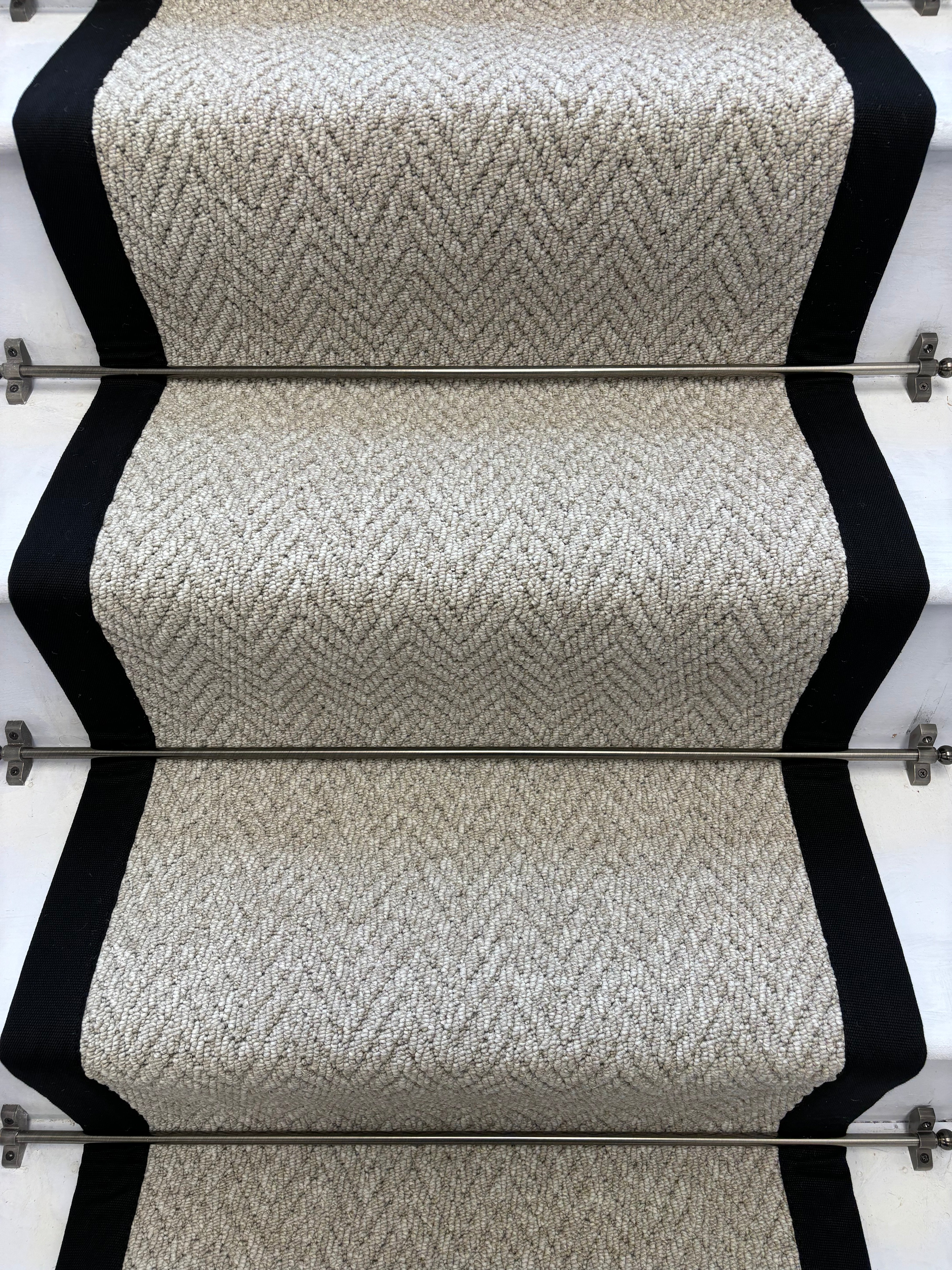 Stunning Quality Grey Herringbone Stair Runner With Cotton Black Border Andes - Rainbow Home