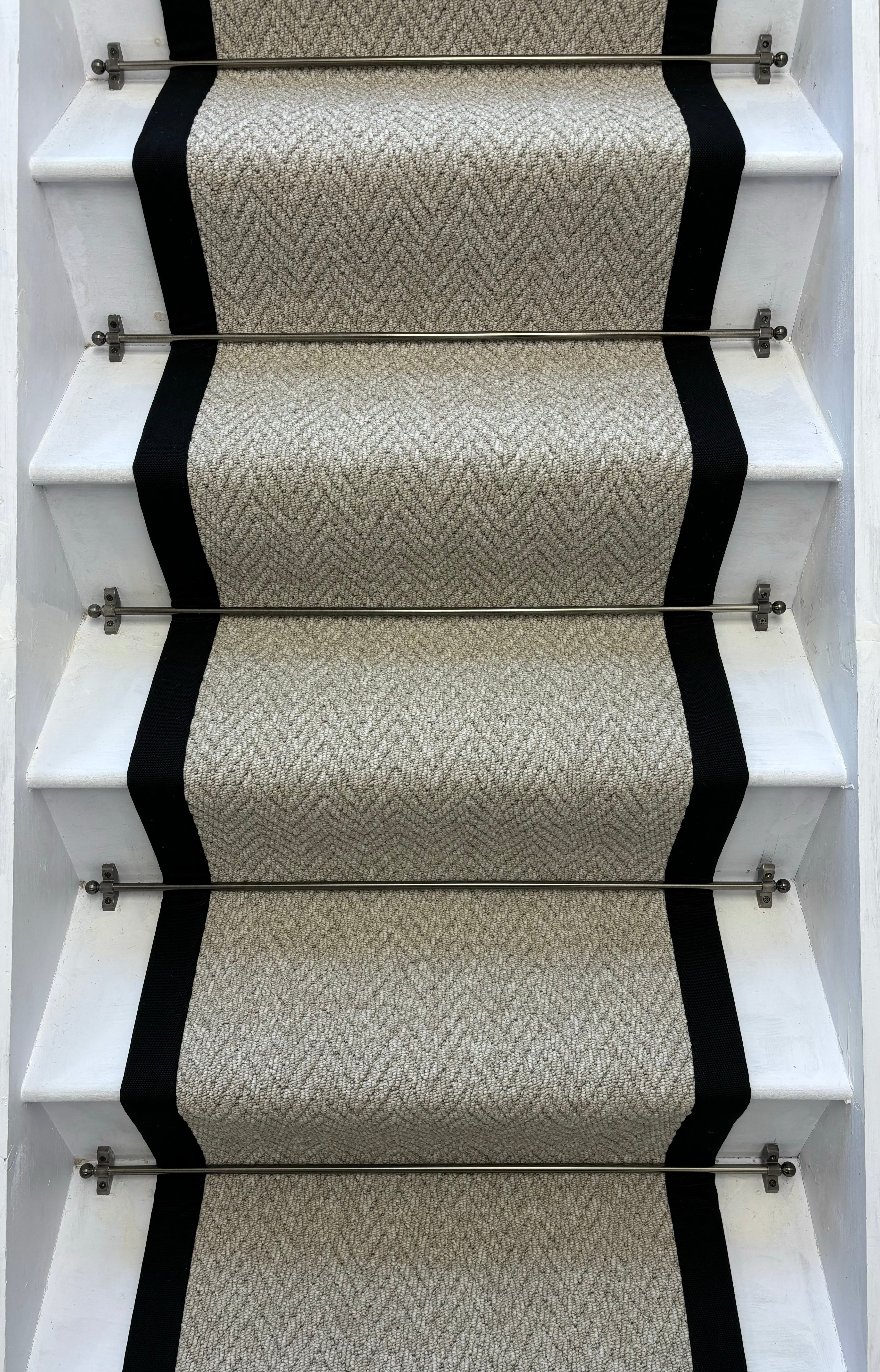 Stunning Quality Grey Herringbone Stair Runner With Cotton Black Border Andes - Rainbow Home