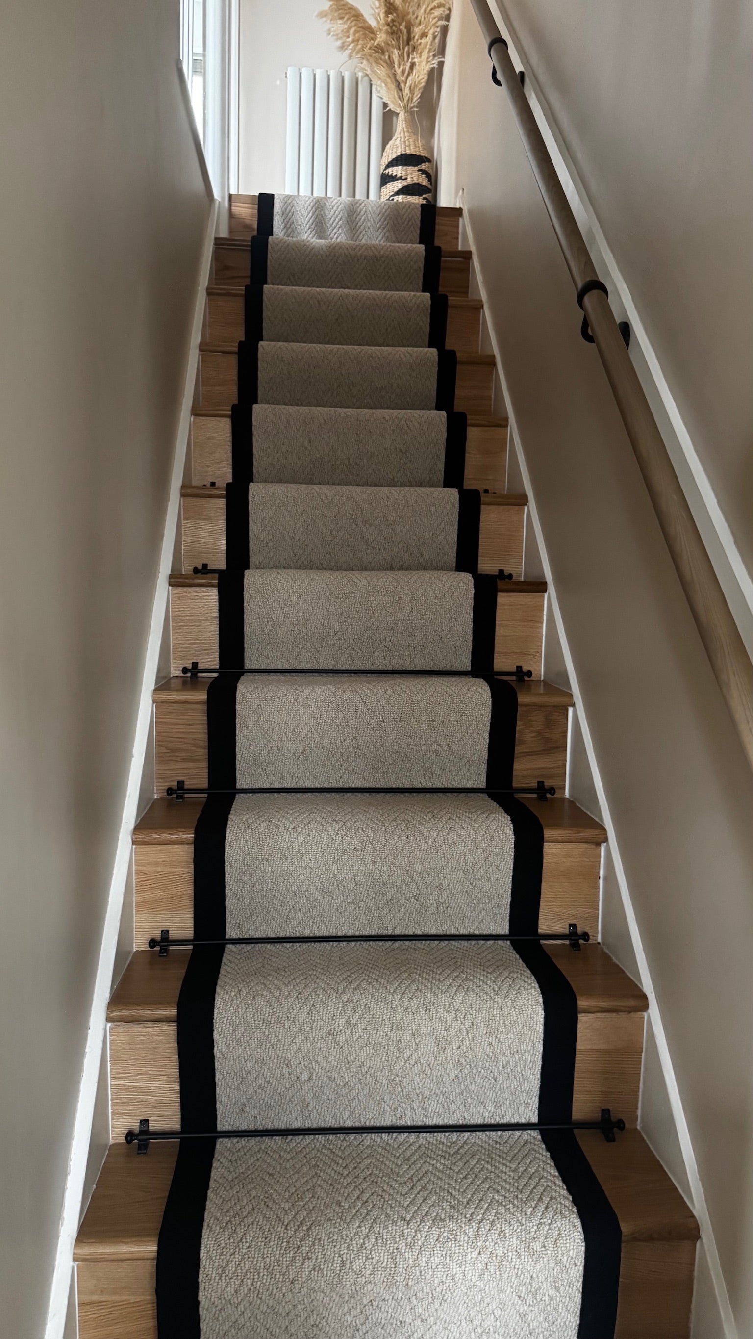 Herringbone Mirage Grey Stair Runner with 100% Cotton Black Border