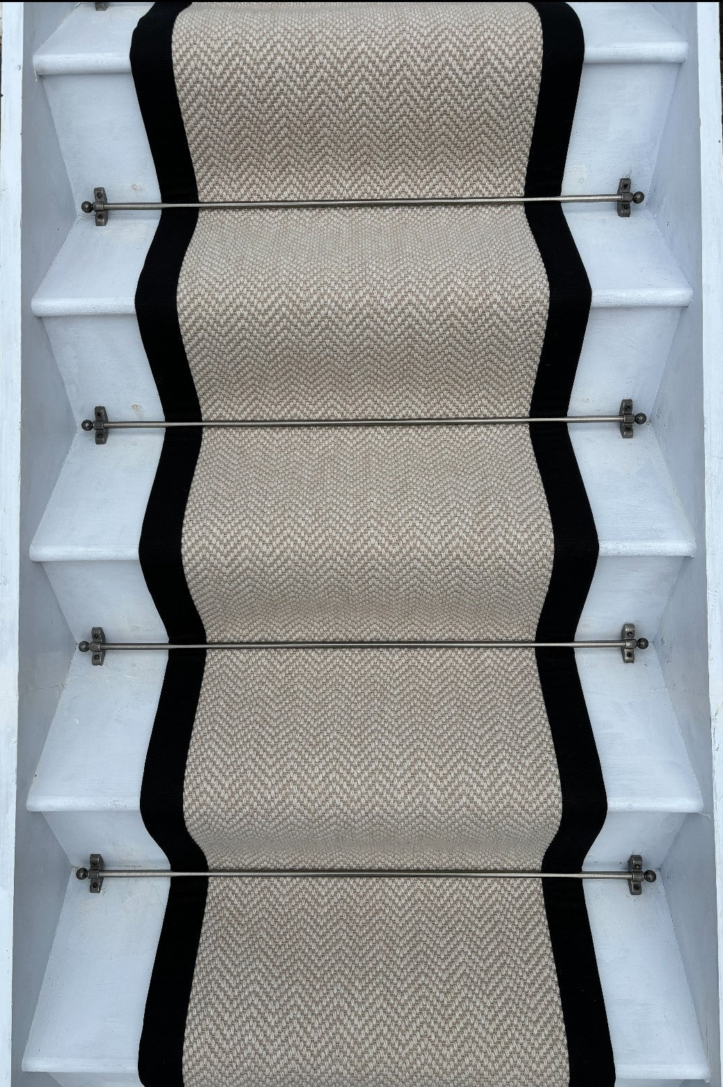 Chalk Superb Quality Wool Herringbone Stair Runner With Black Cotton Border Beige - Rainbow Home