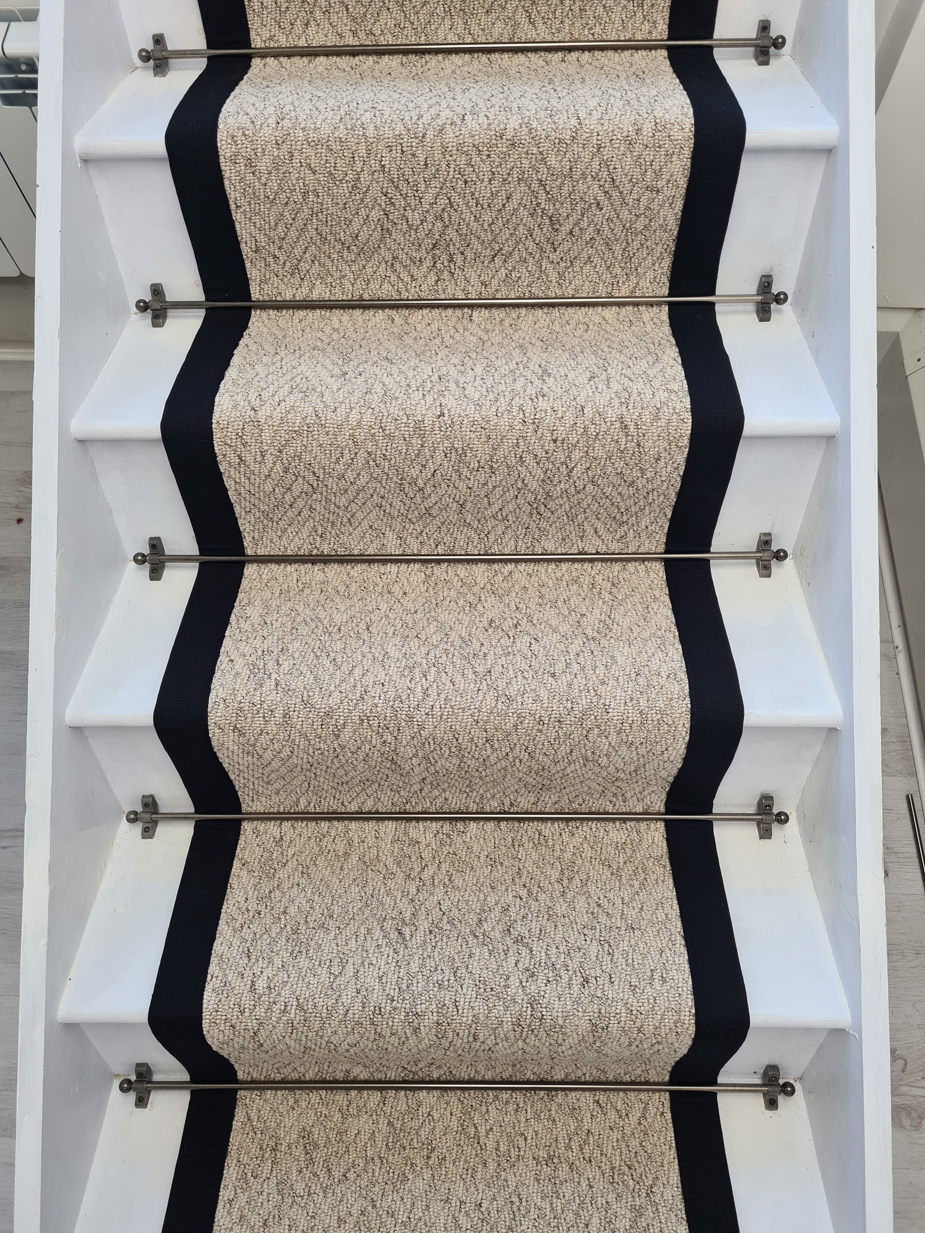 Stain Free Beige Berber Herringbone Stair Runner With Black Cotton Border - Rainbow Home