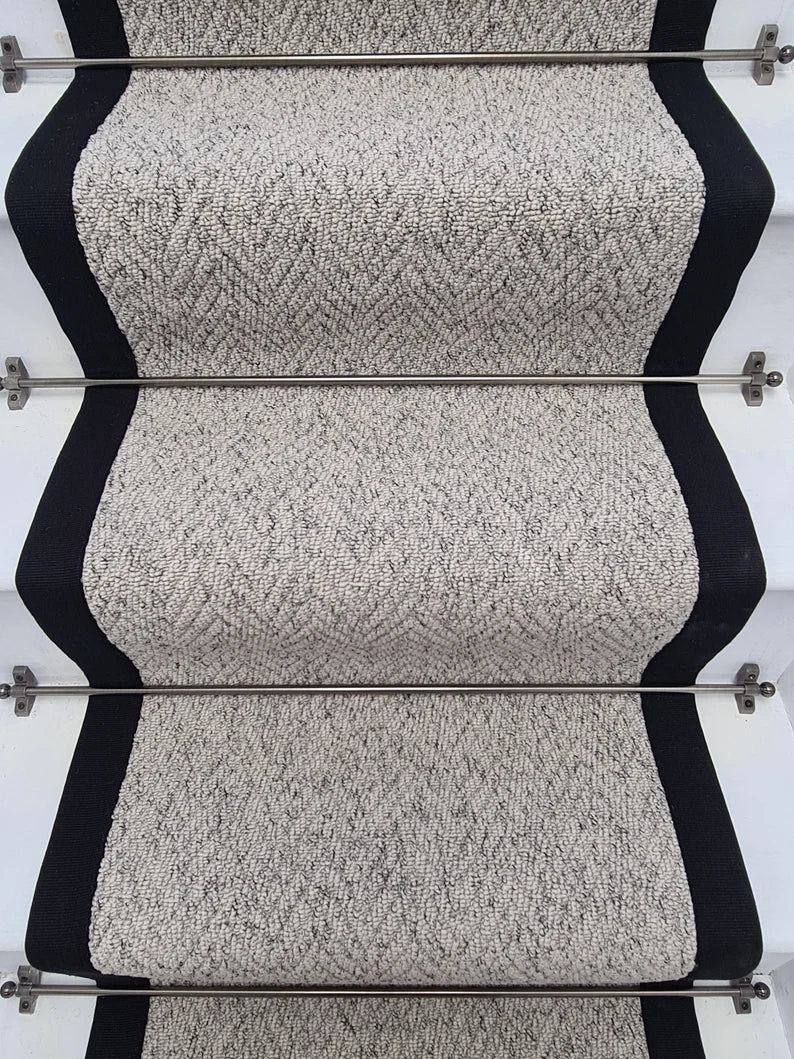 Mirage Stunning Grey Herringbone Stair Runner With Cotton Black Border - Rainbow Home