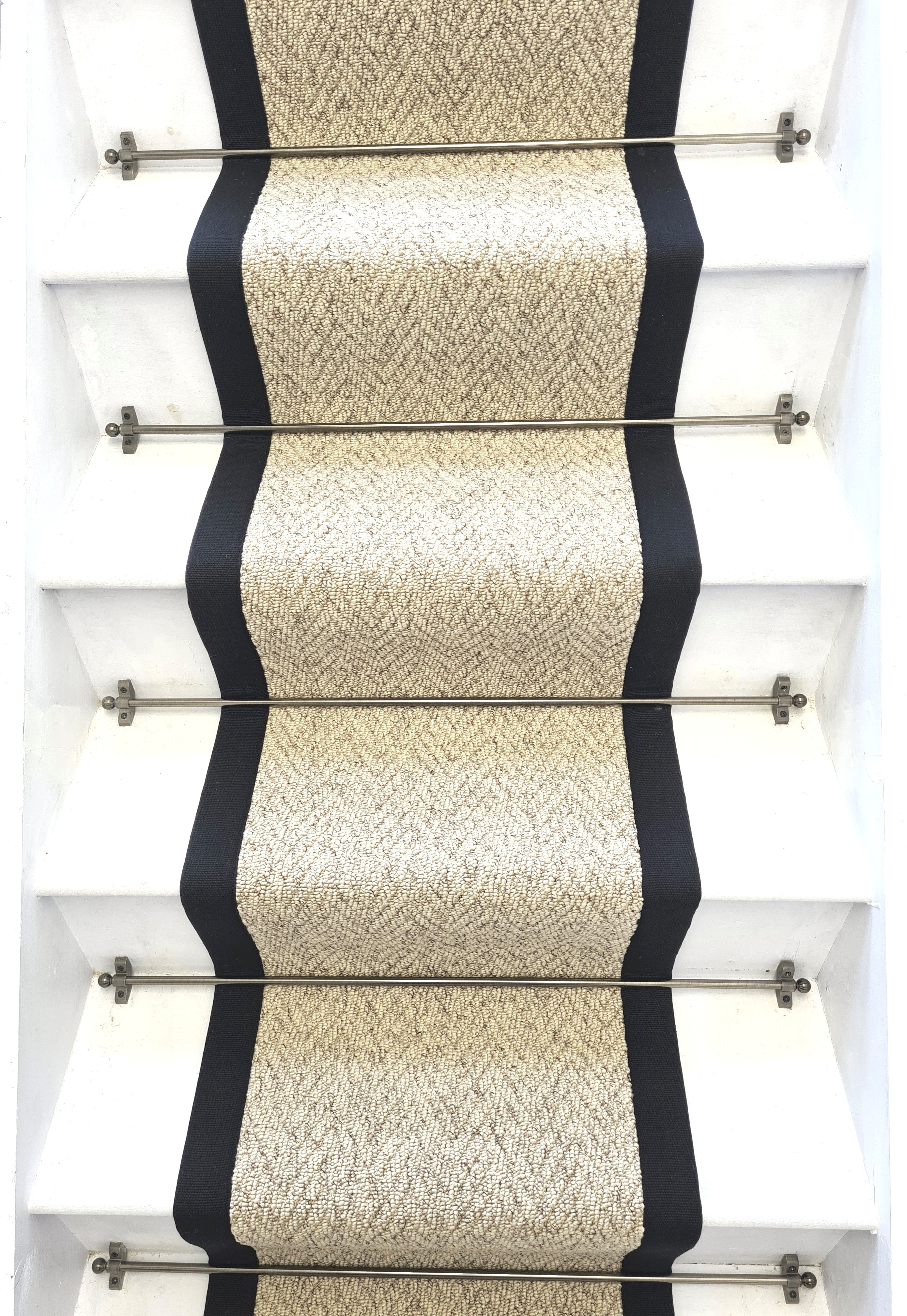 Stunning Beige Biscotti Herringbone Stair Runner With Cotton Black Border - Rainbow Home