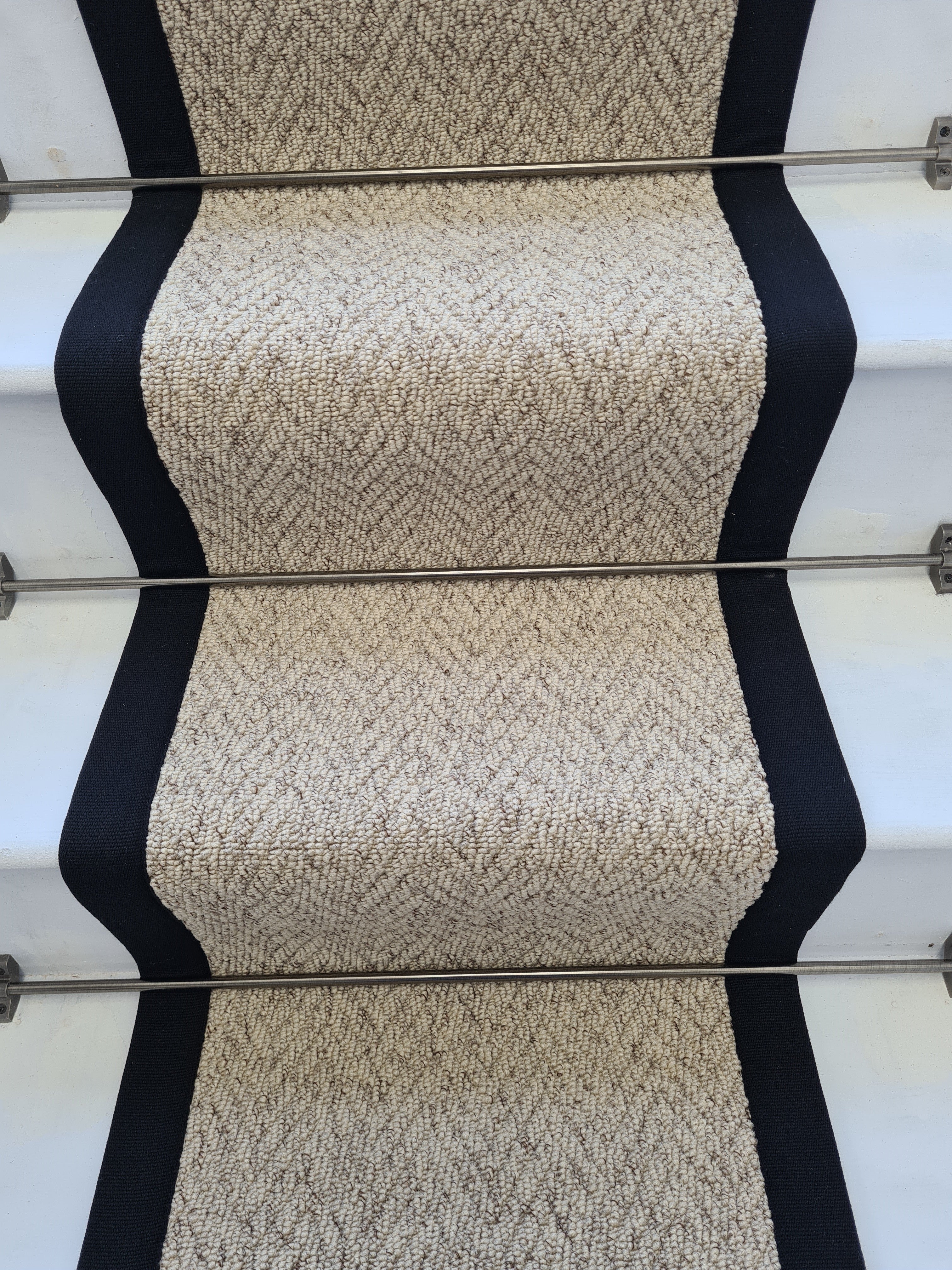 Stunning Beige Biscotti Herringbone Stair Runner With Cotton Black Border - Rainbow Home